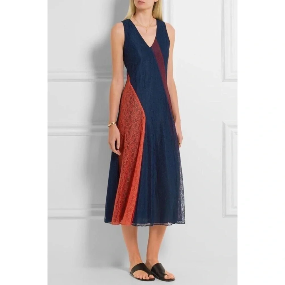 tory burch red lace dress Tory Burch Women's Red Lace Midi Dress Size 2 V Neck Sleeveless